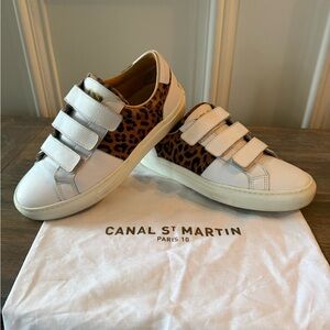 Canal St Martin White Sneakers with Leopard Accent, size 37 EUR